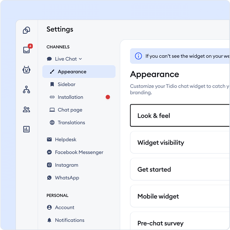 Customise your chat widget settings in the admin panel.