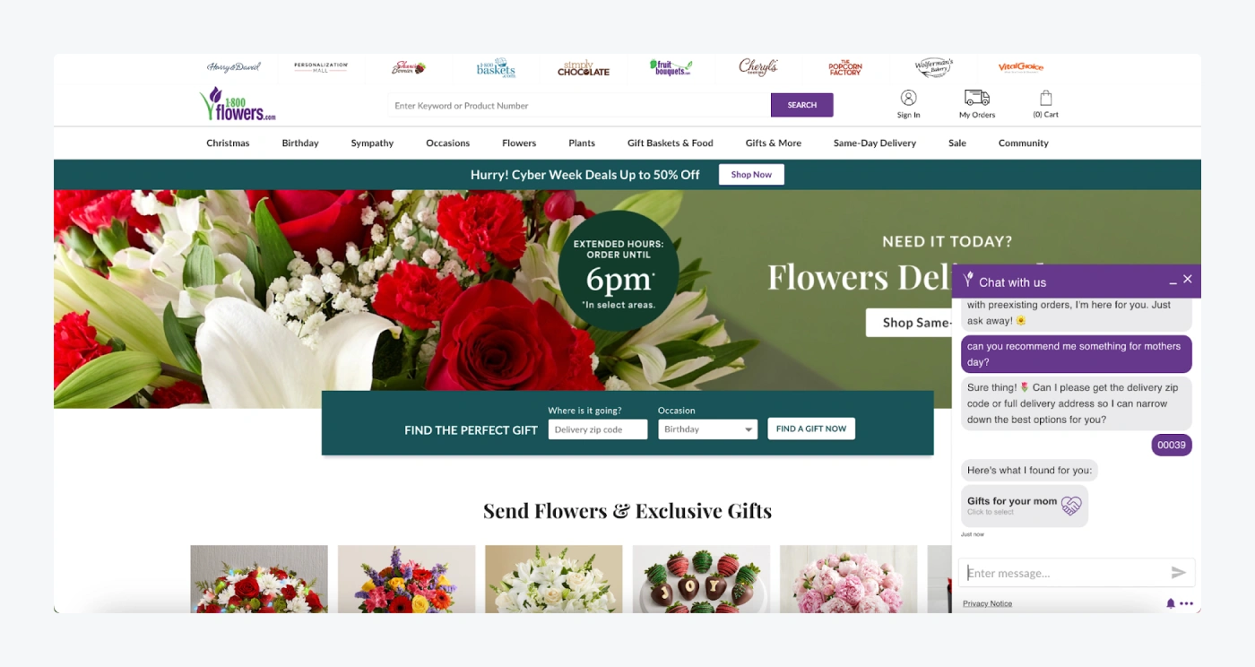 Chatbot recommends products on the 1-800-Flowers website