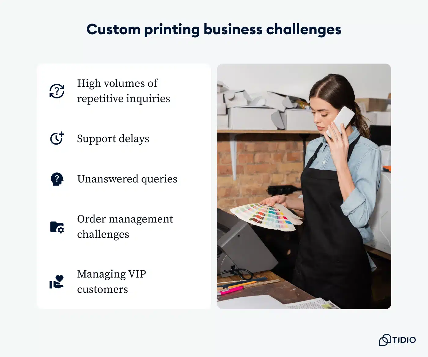 Illustration of common challenges custom printing businesses face.