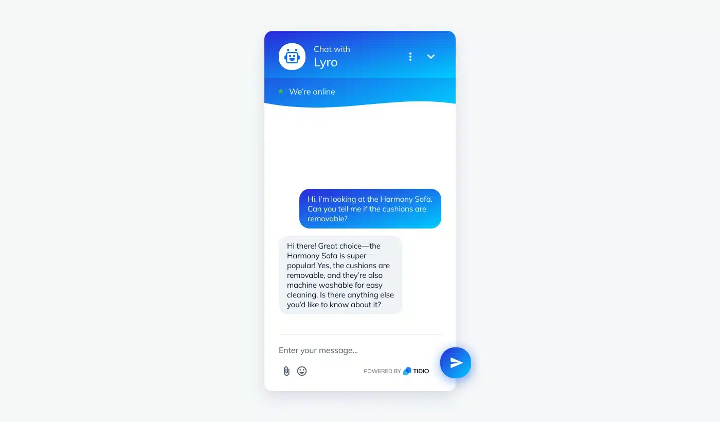 Lyro chatbot helping a customer decide on the product by providing clear and friendly information.