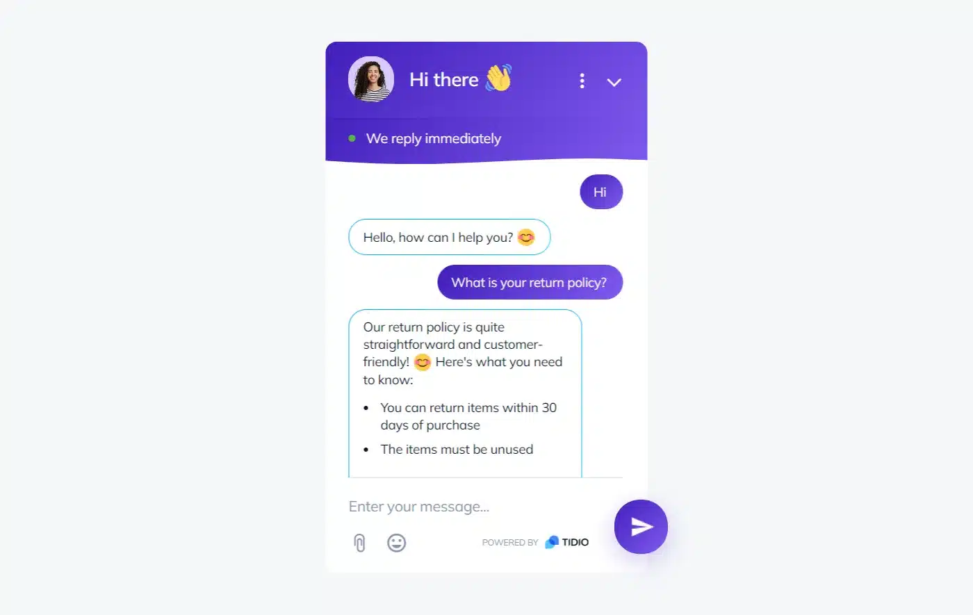 Illustration of Lyro knowledge base chatbot assisting a customer with information on return policies.