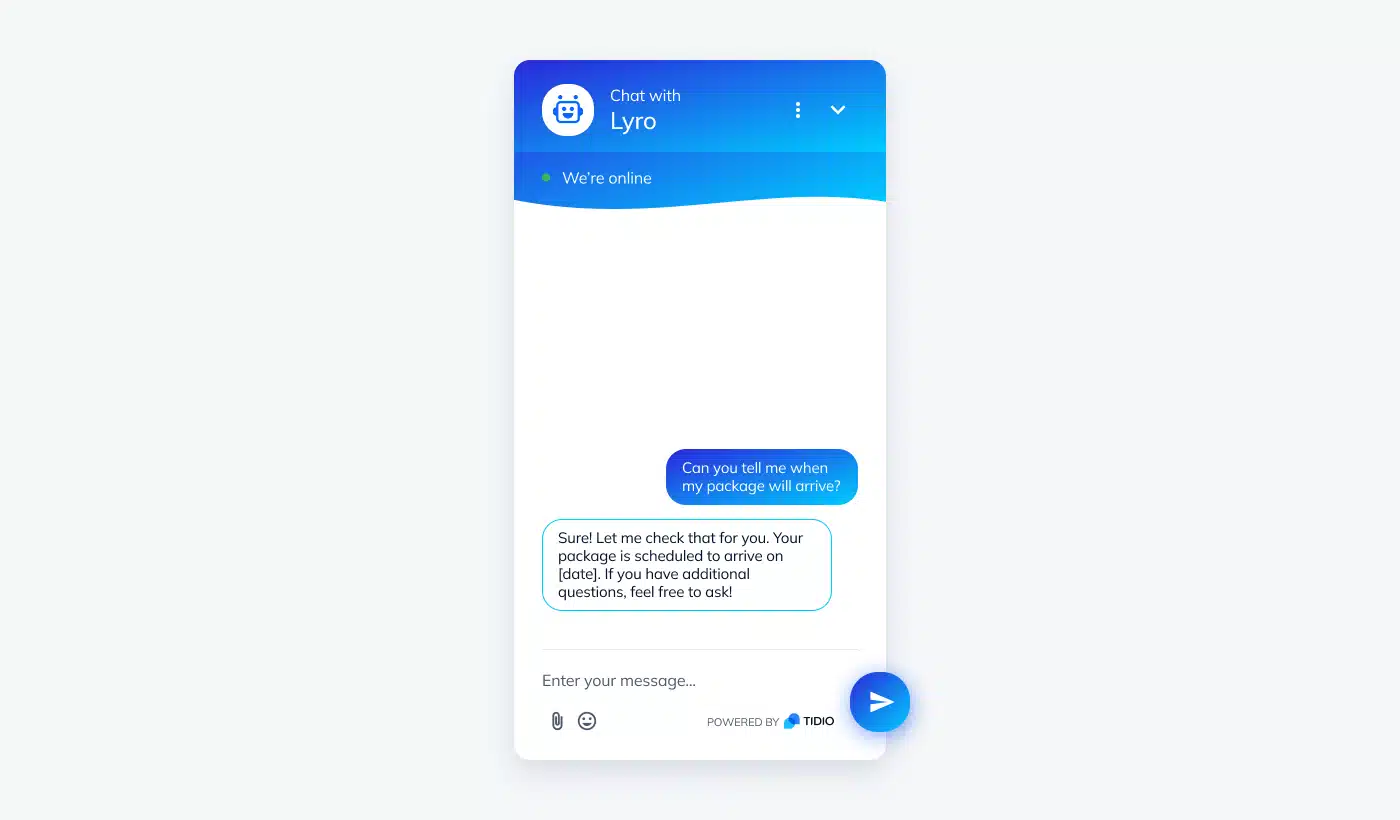 Lyro AI chatbot responding to a customer’s question about package delivery status.