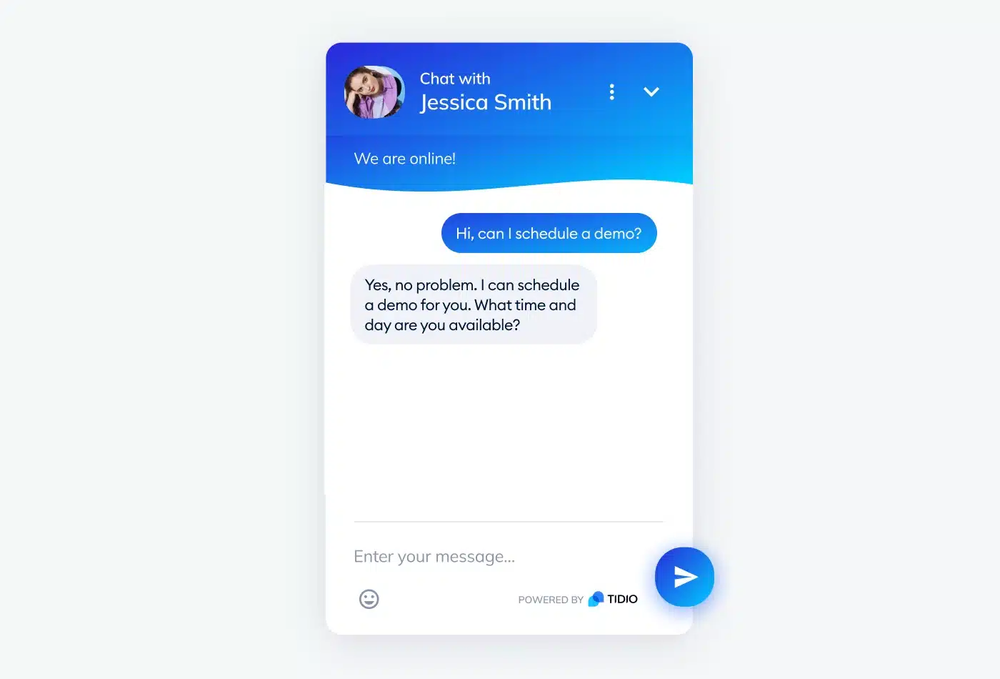 Screenshot of Tidio's chat interface showcasing a positive script used to schedule a demo.