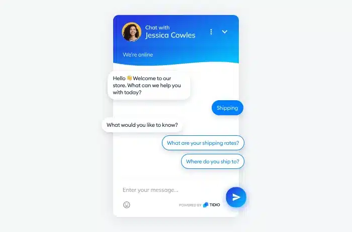 Tidio explicit case deflection example with an FAQ chatbot, presenting options for two different shipping-related questions.