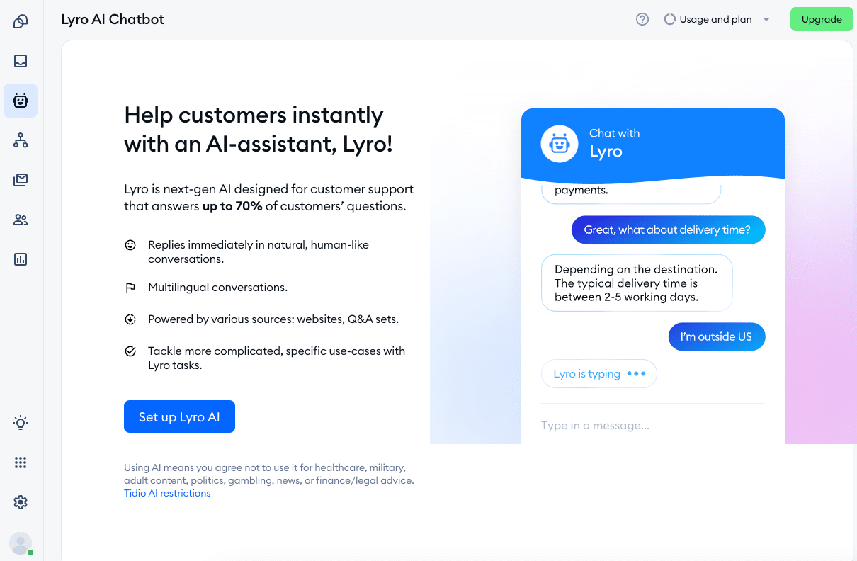 Tidio’s Lyro panel showcasing the option to set up the chatbot alongside highlights of Lyro's capabilities.