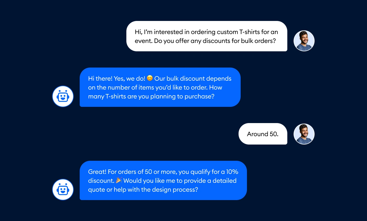 Example of Lyro chatbot assisting a customer with bulk discount details for custom printing orders.