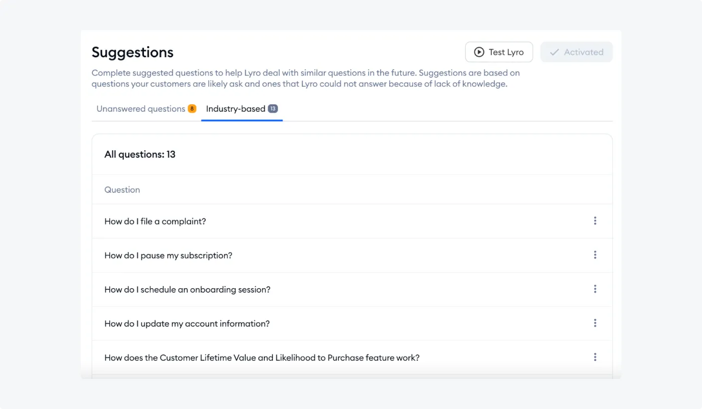 Lyro’s Industry-based suggestions tab offering automated Q&A pairs tailored to specific business needs.
