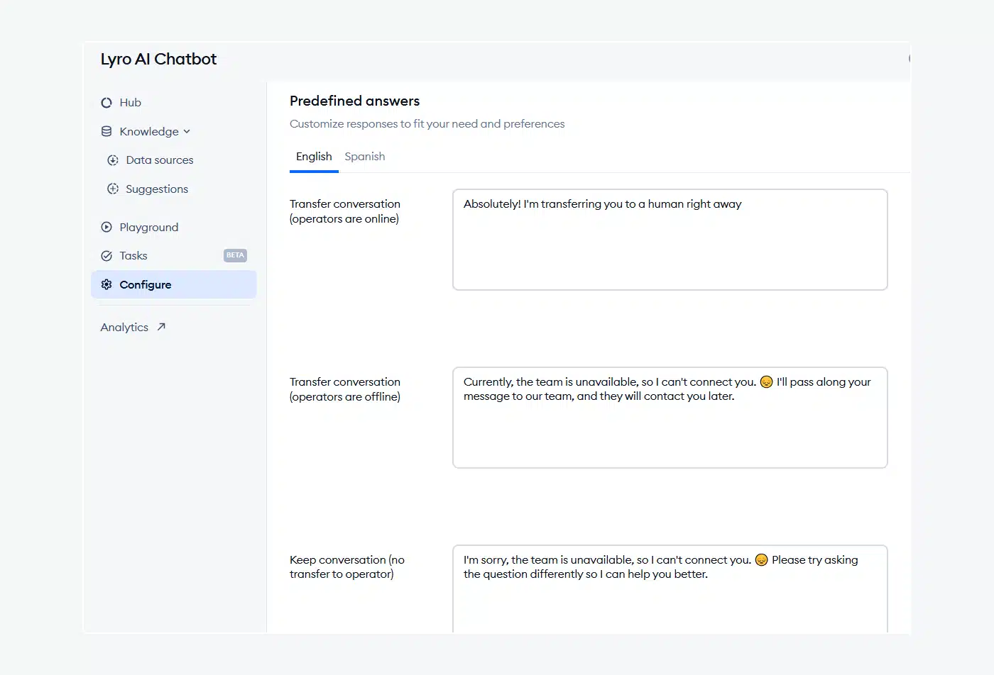 Lyro chatbot settings for customizing predefined answers.