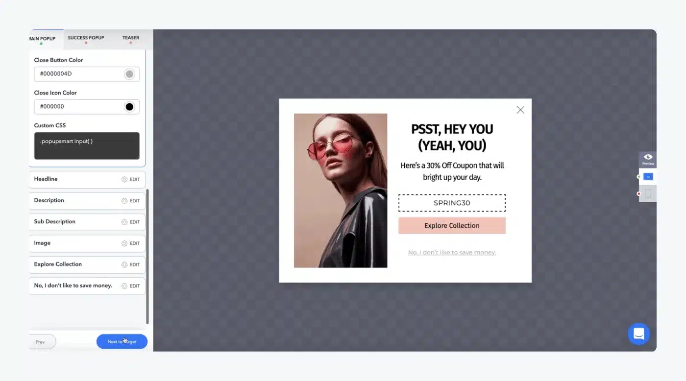 Example of a remarketing campaign pop-up, demonstrating a targeted message that re-engages visitors with a special offer.