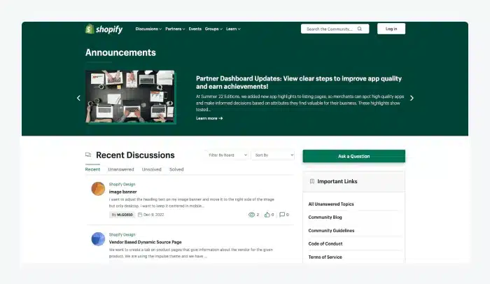 Screenshot of the Shopify community forum, showing a collaborative space where users discuss strategies and troubleshoot issues.