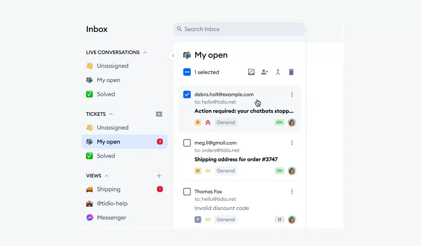 Tidio help desk and ticketing system interface.
