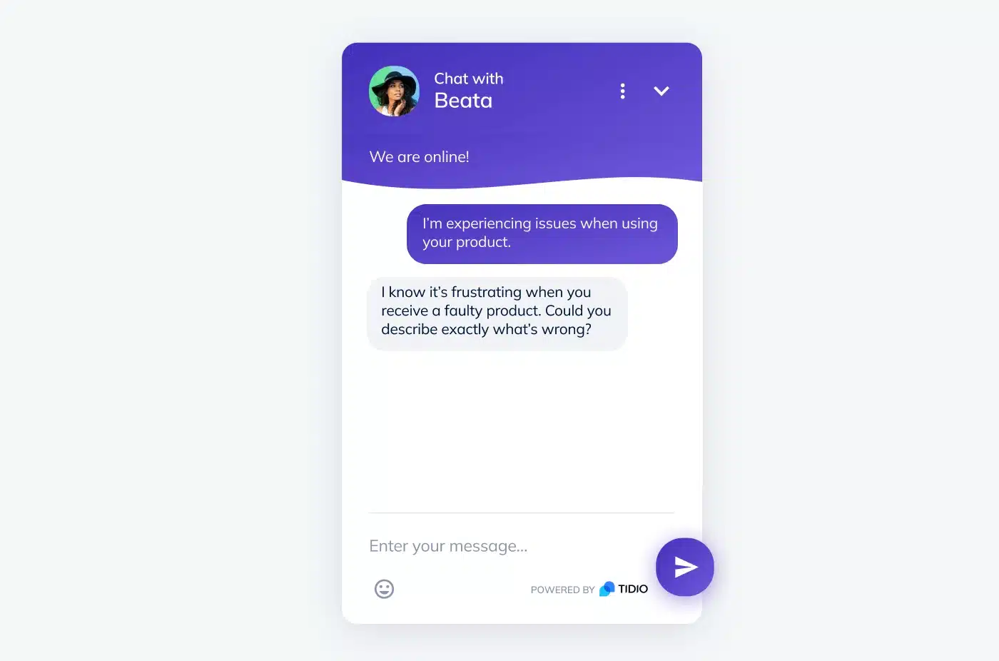 Tidio chat widget with an empathetic script used to address the product-related issue.