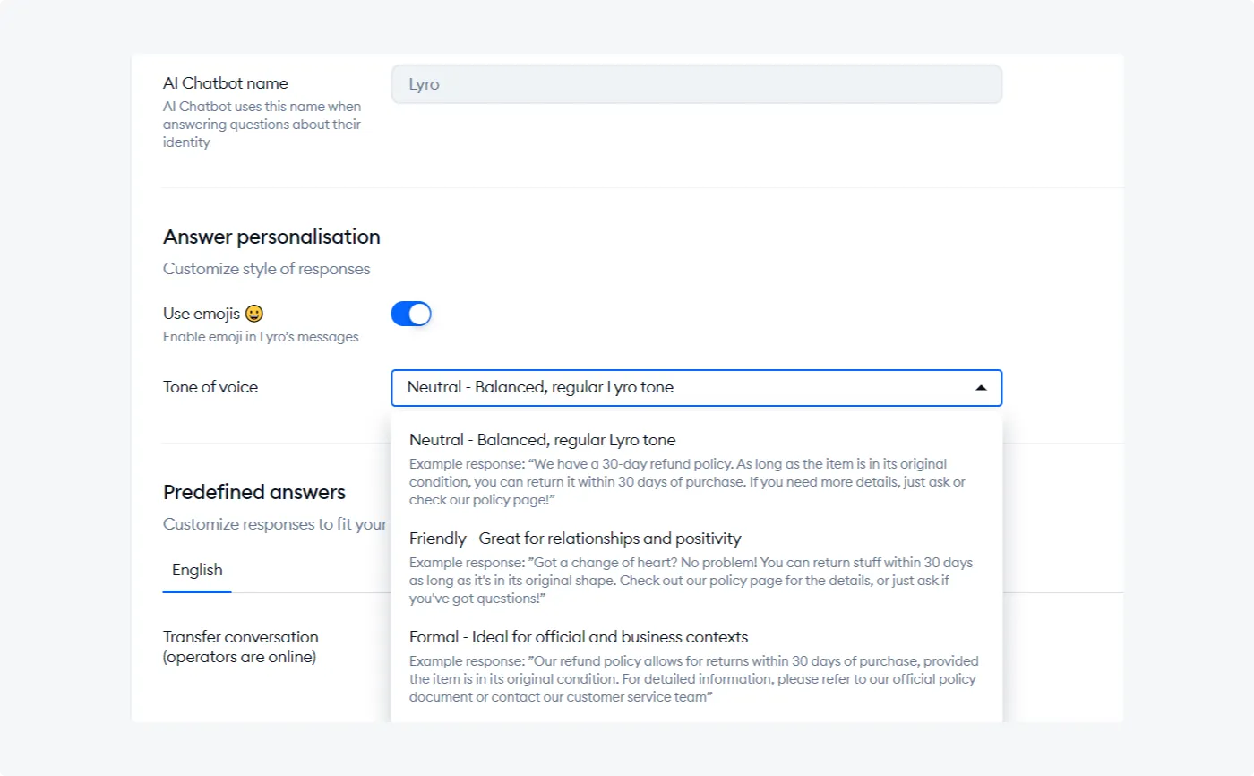 Lyro's Personality tab showing tone of voice options to match brand image with settings for friendly, neutral, or formal tones.