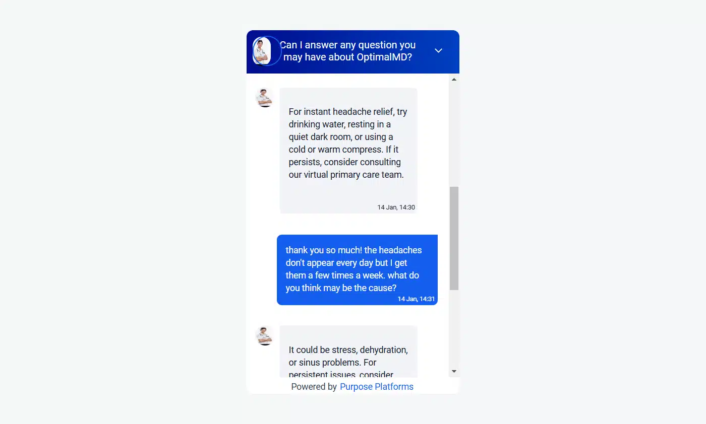 Buoy Health chatbot assisting OptimalMD users with professional and tailored healthcare recommendations.