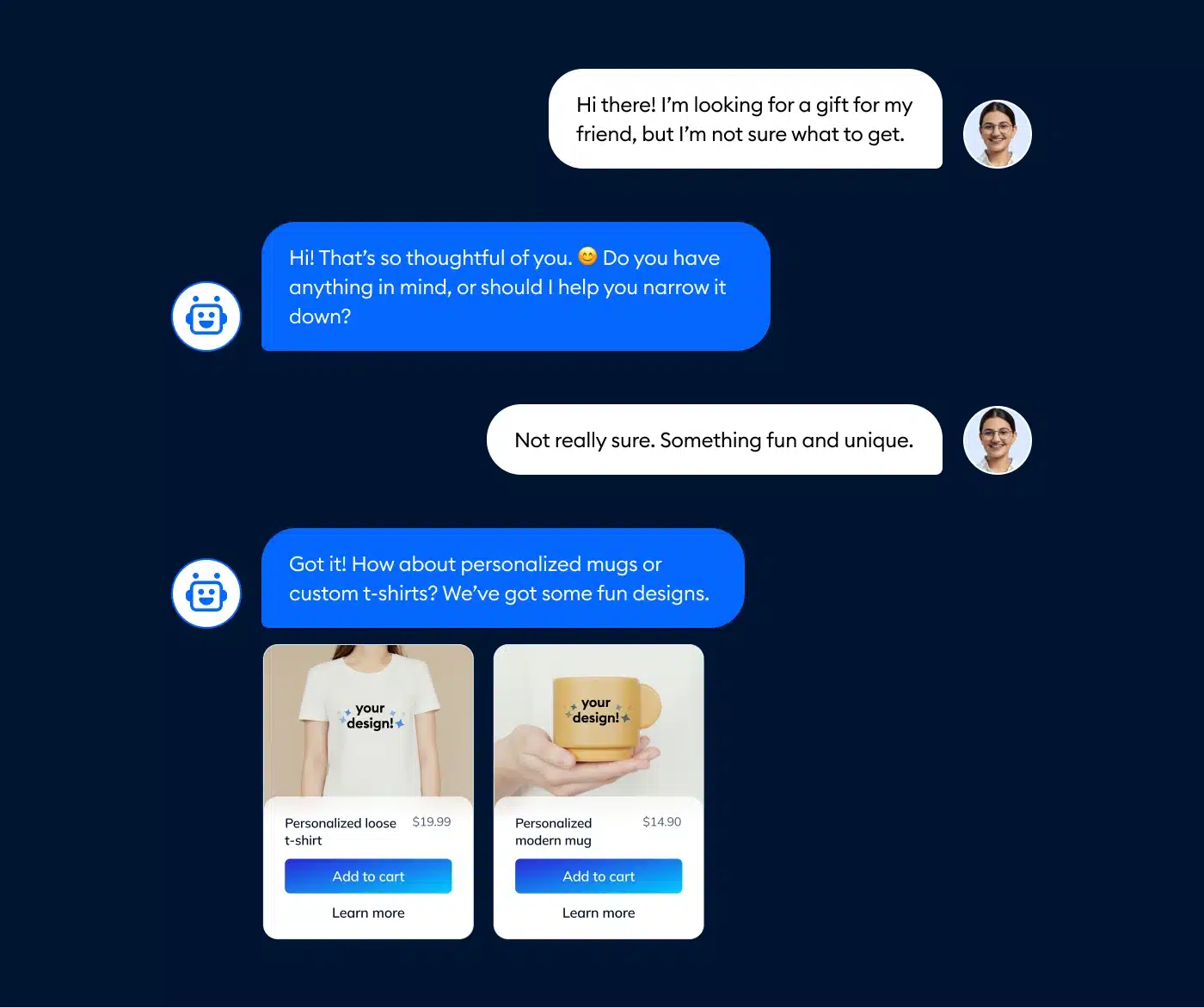 Lyro chatbot assisting a customer in finding thoughtful and unique gift ideas with a cheerful and casual tone. 