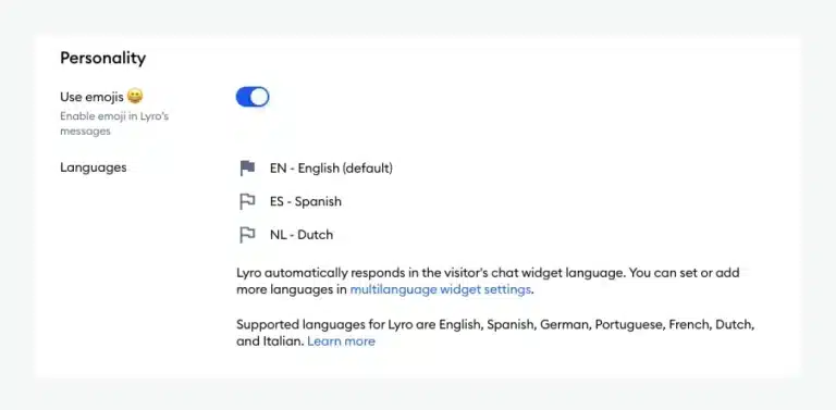 List of languages supported by Lyro in the Personality section for multilingual customer service.