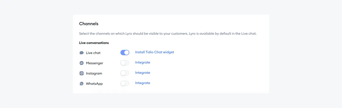 Lyro Configure tab showing options to enable chatbot support across multiple channels like Messenger, Instagram, and WhatsApp.