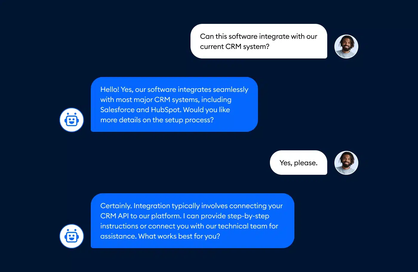 Lyro chatbot explaining software integration with CRM systems in a professional and detailed tone.