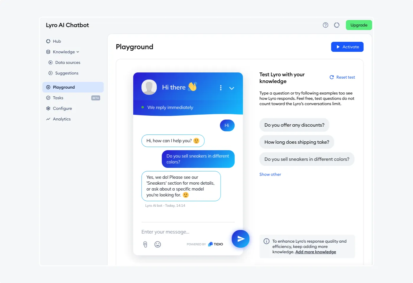 Lyro's Playground feature, a sandbox environment for testing chatbot responses to customer inquiries.