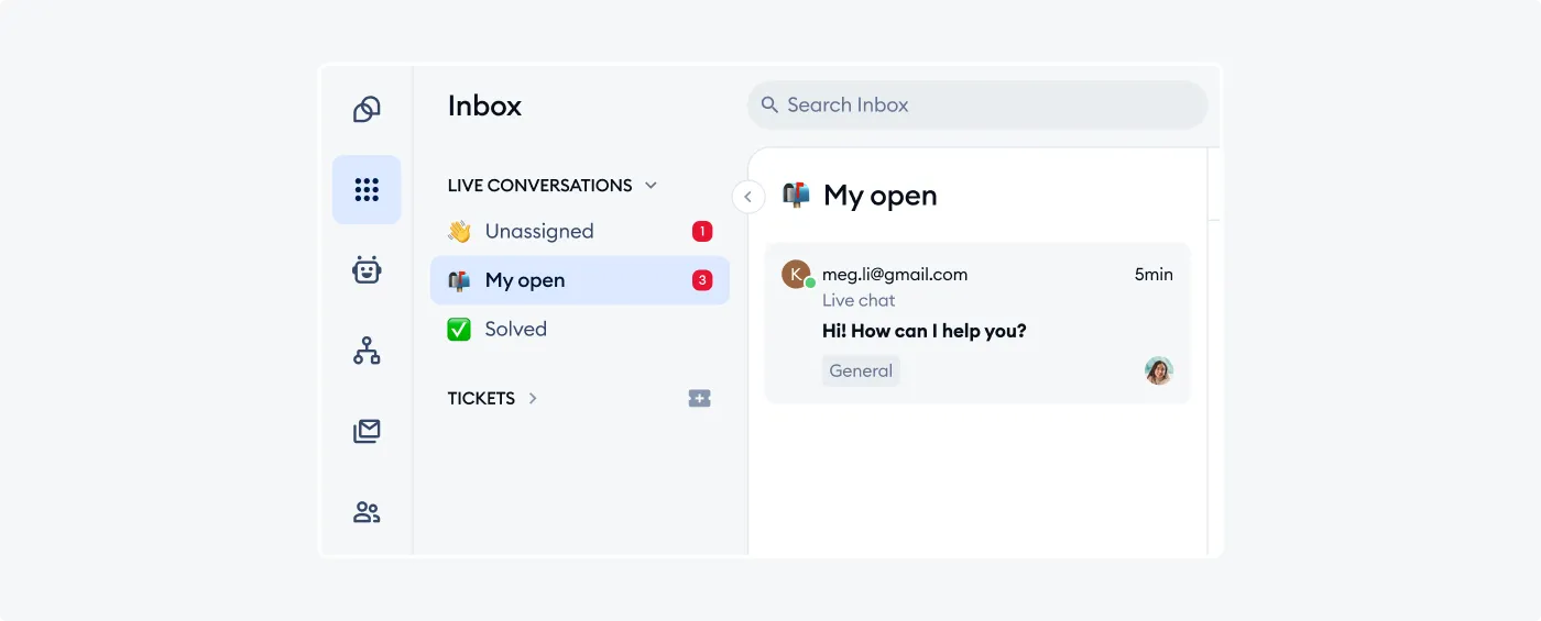 Tidio inbox showcasing a message from a customer and their email address.