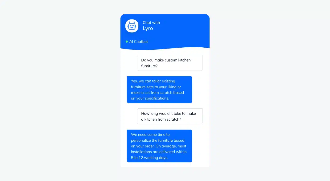 Tidio Lyro AI chatbot answering customer questions about kitchen furniture.