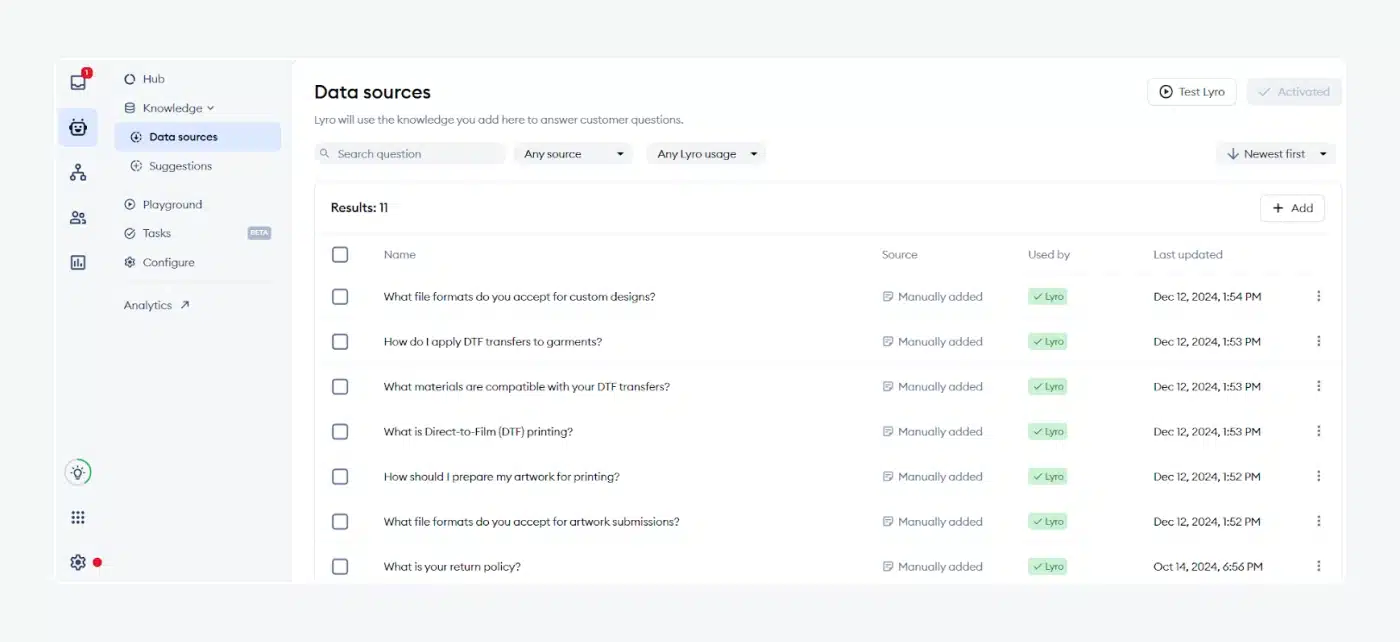 Lyro AI chatbot's data sources with questions related to custom printing.
