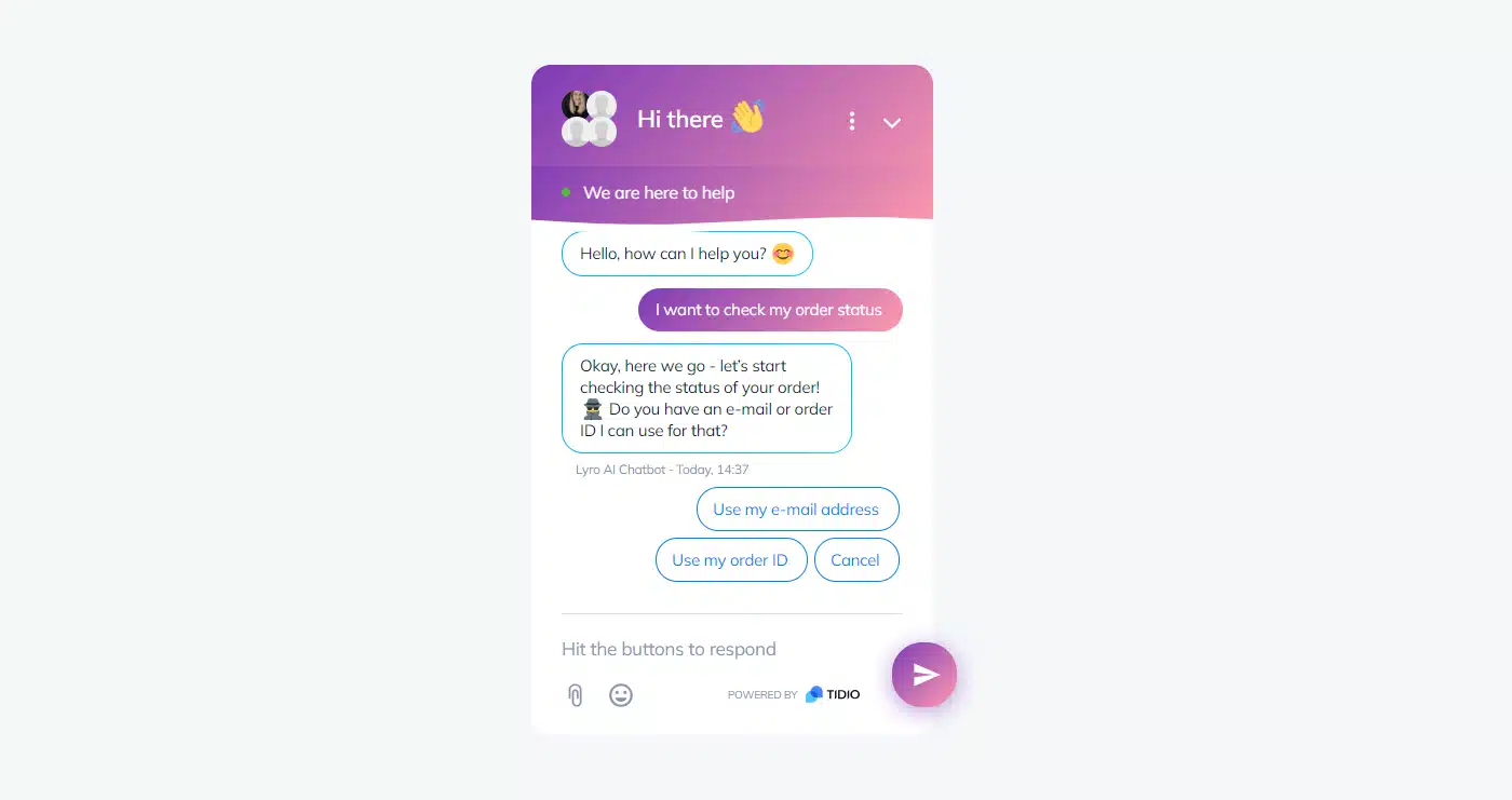 Lyro chatbot providing an order status update to a customer.