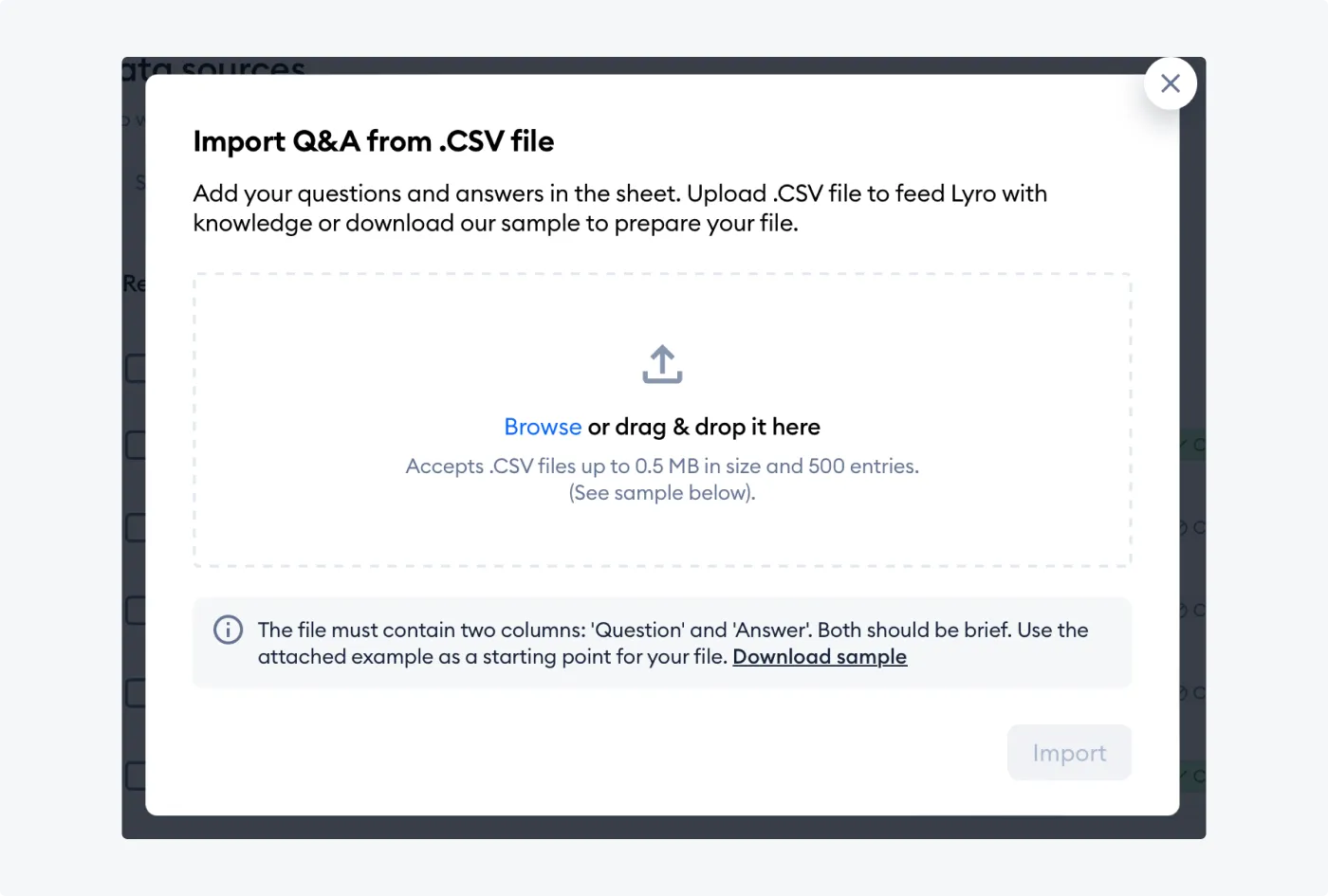 Screenshot showing Lyro's feature for importing Q&A pairs from a CSV file into the knowledge base.