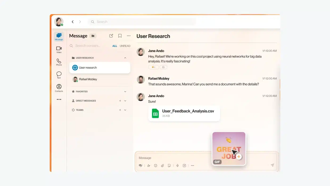 RingCentral's interface, highlighting text, video, and messaging capabilities.