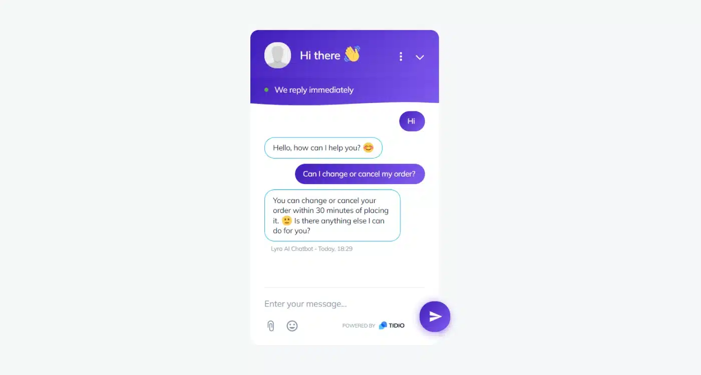  Lyro AI chatbot responding to a user query using conversational language.