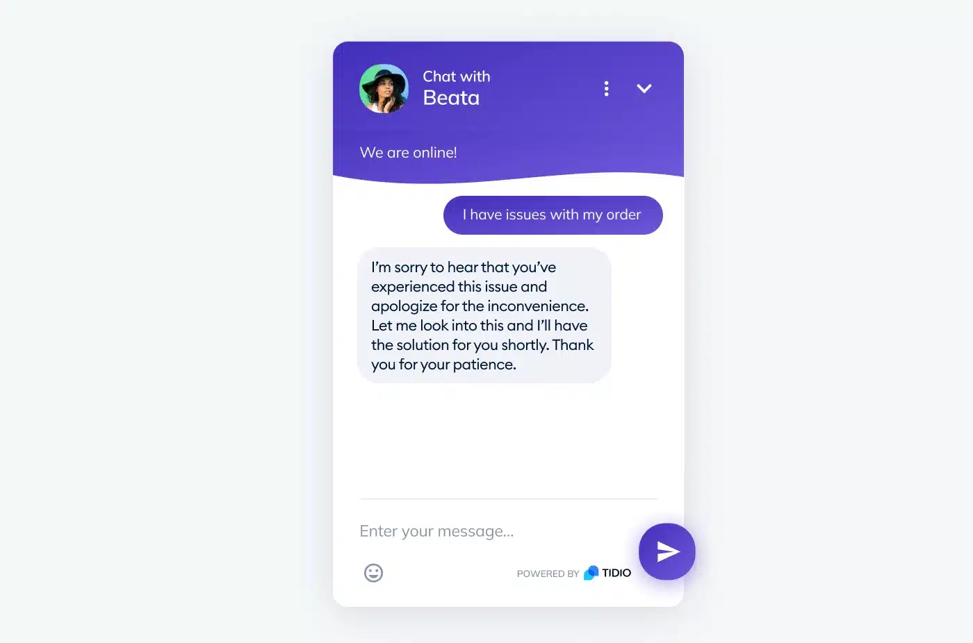 Tidio chatbot responding to an order issue with a positive script emphasizing solutions.