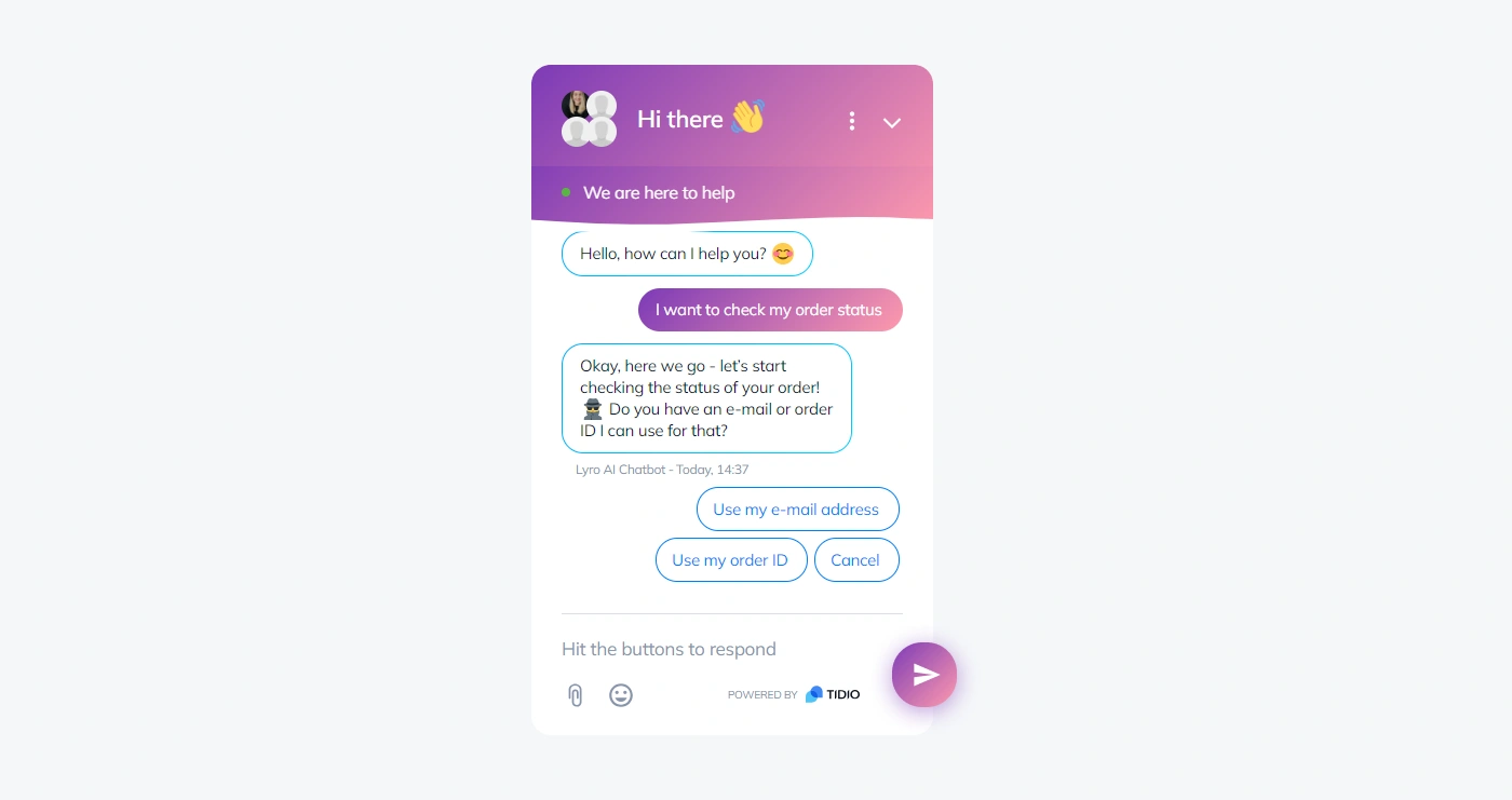 Lyro AI chatbot helping a customer track an order.