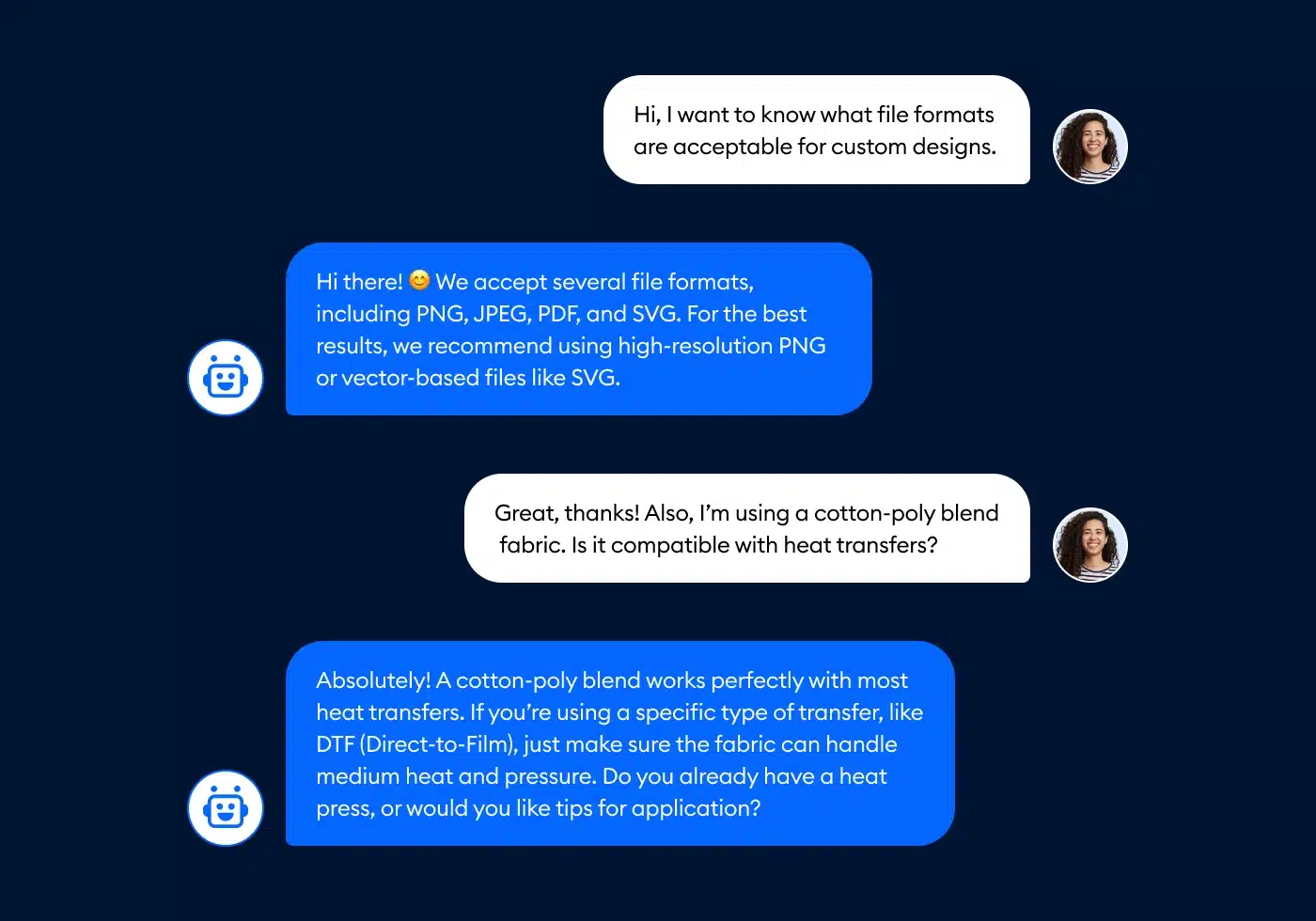 Lyro AI chatbot answering customer questions about acceptable file formats and material compatibility.