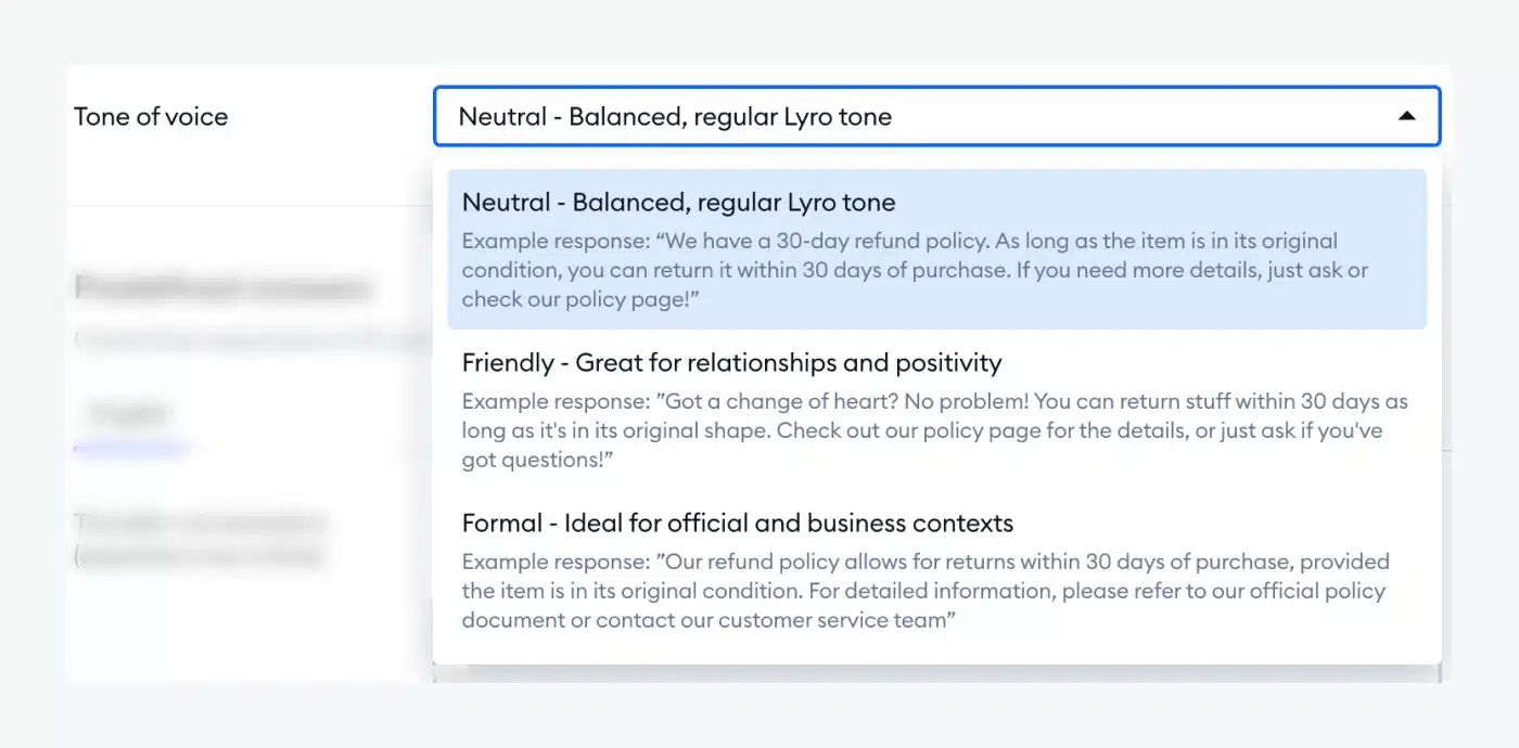 Lyro chatbot’s interface showing tone of voice customization options