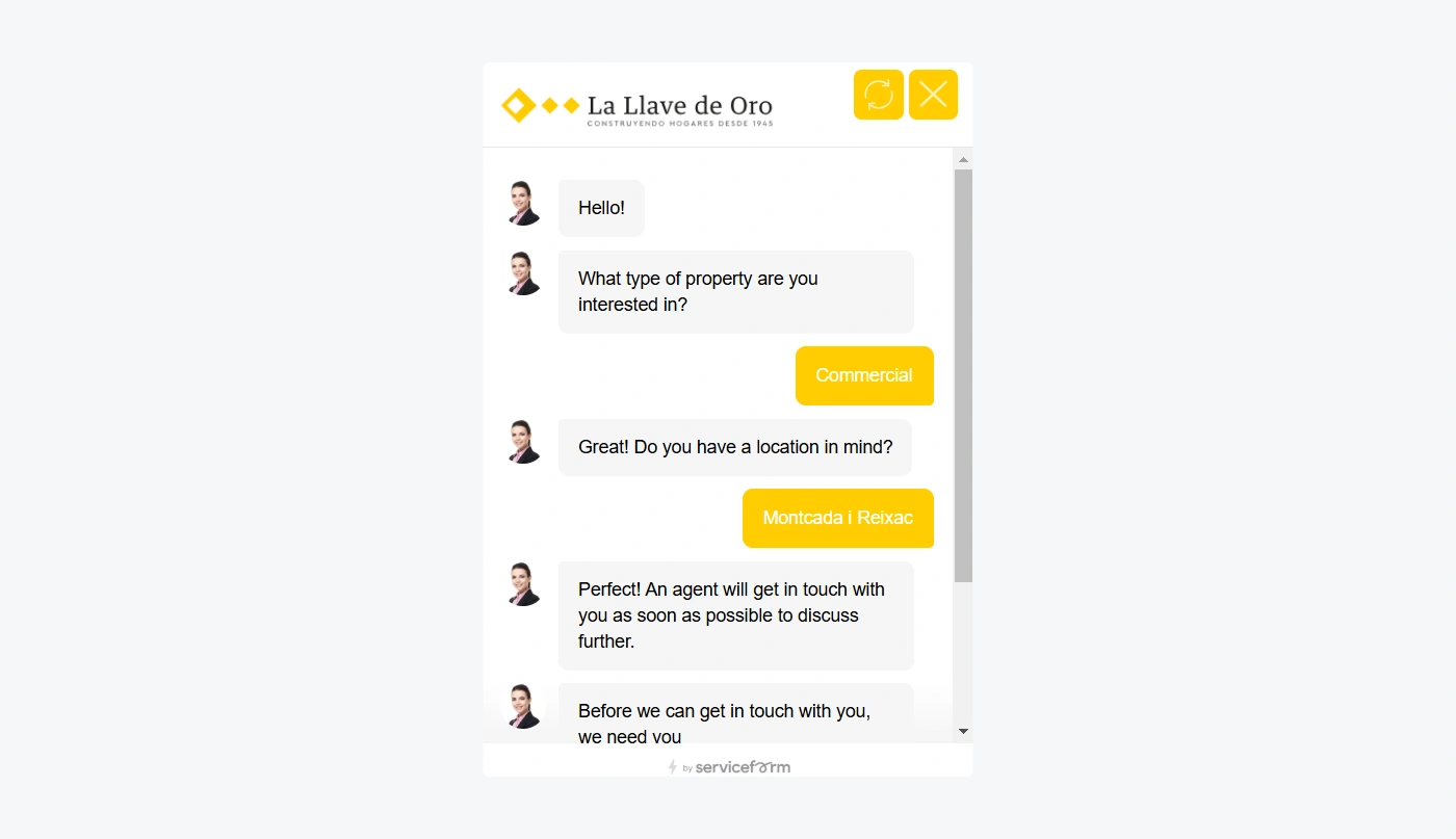 Serviceform chatbot assisting a real estate client.