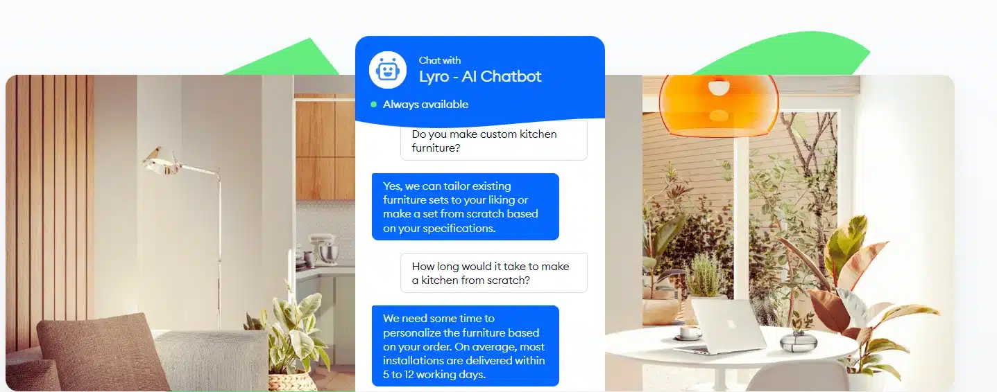 Example of Tidio’s Lyro conversational interface answering questions about custom kitchen furniture using natural language.