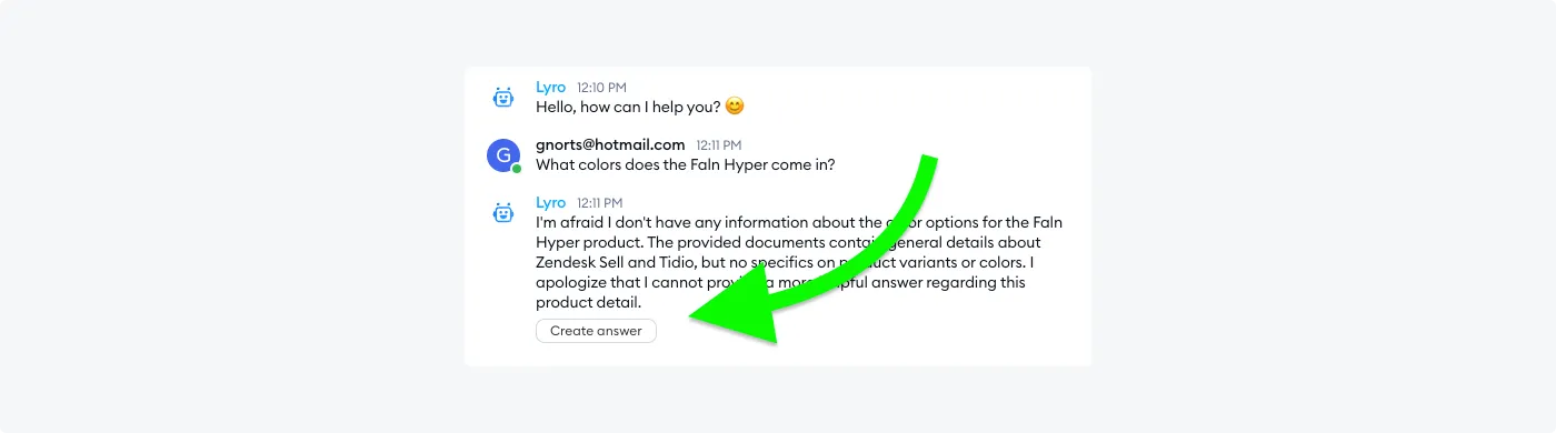 Lyro's “Create answer” feature for adding responses directly from chat interactions to the knowledge base.