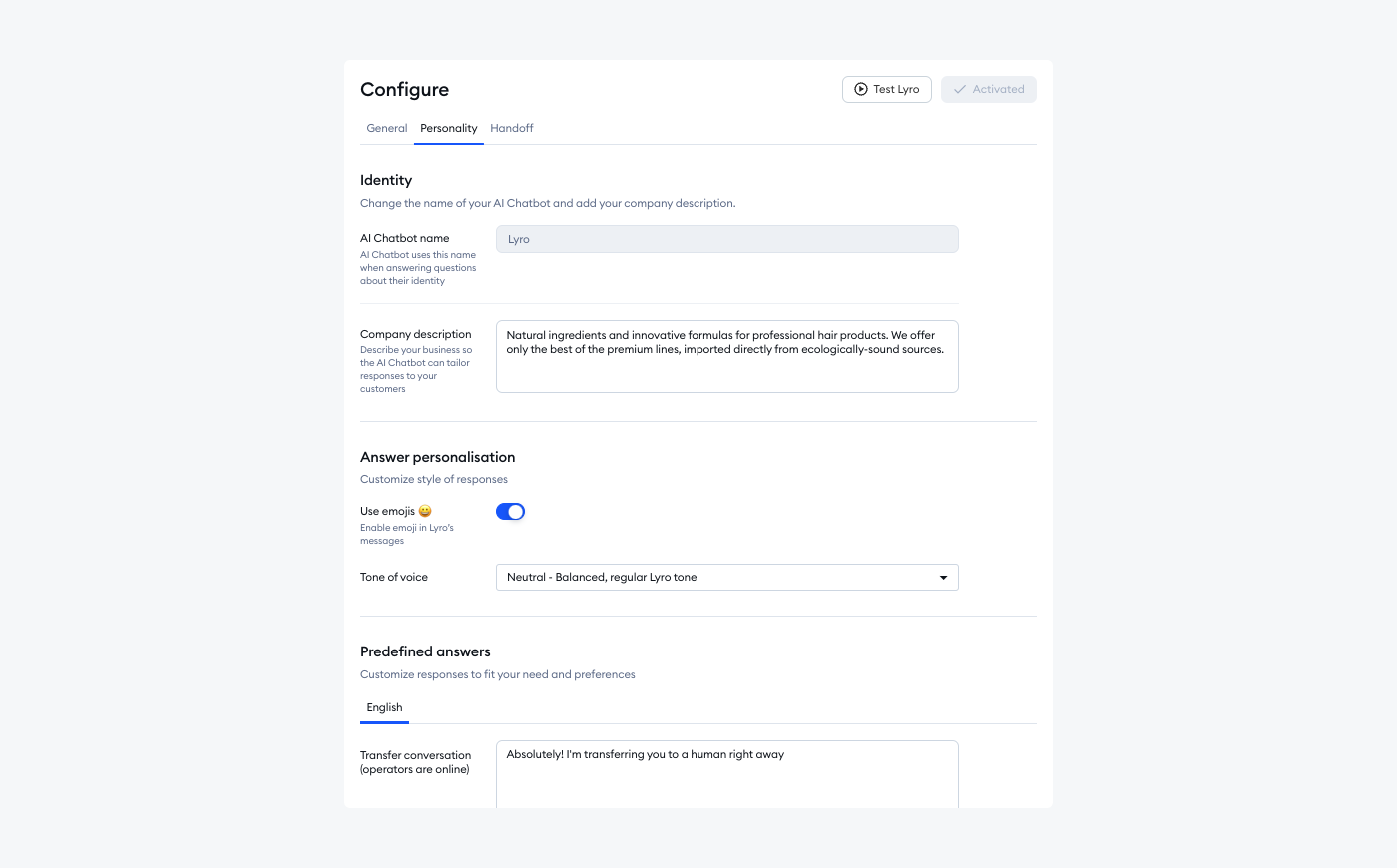 Lyro's personality configuration tab, featuring tone adjustments, emoji toggles, and predefined answers.