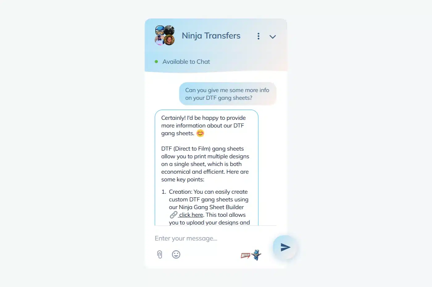 Lyro chatbot providing instant responses to DTF printing inquiries on Ninja Transfers' website.