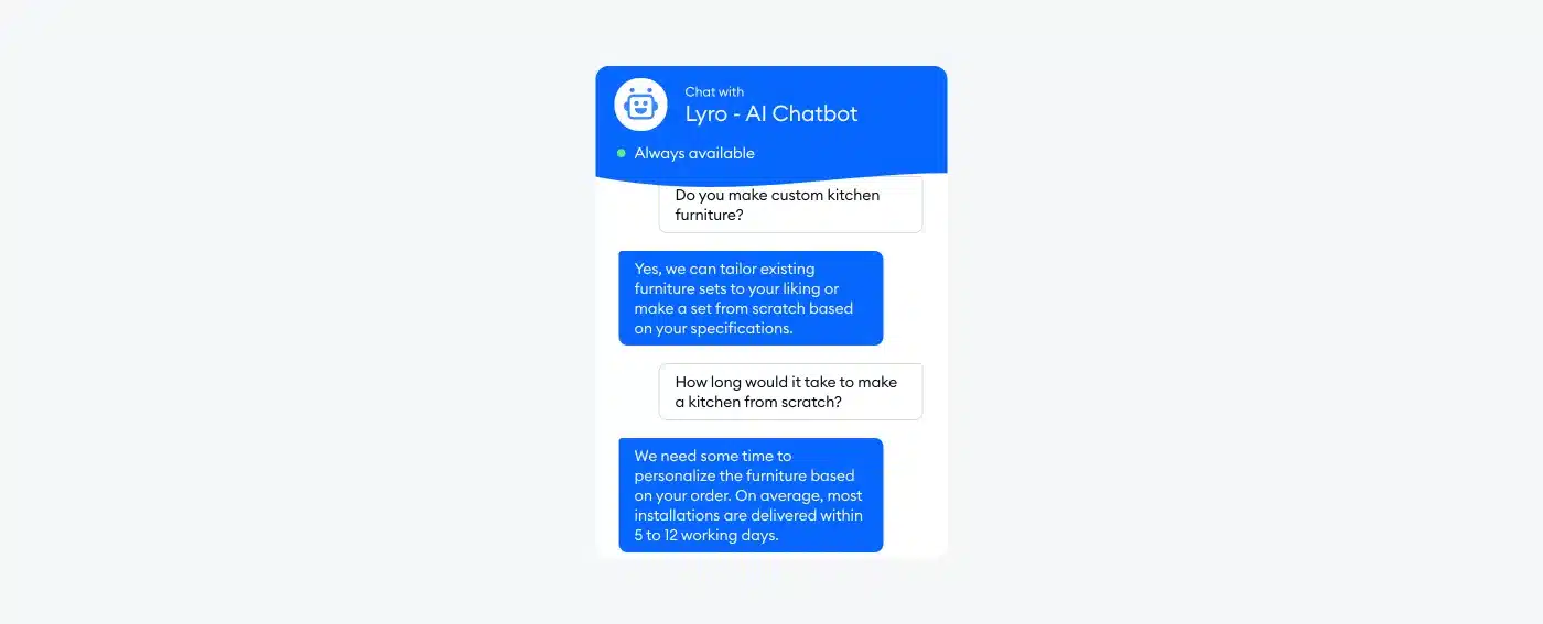 Tidio Lyro AI chatbot, providing automated customer support and answering common questions.