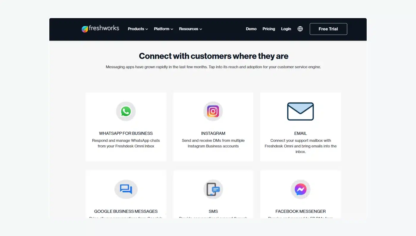 A list of Freshchat’s multichannel features, including WhatsApp for business, Instagram, email, and Facebook Messenger.