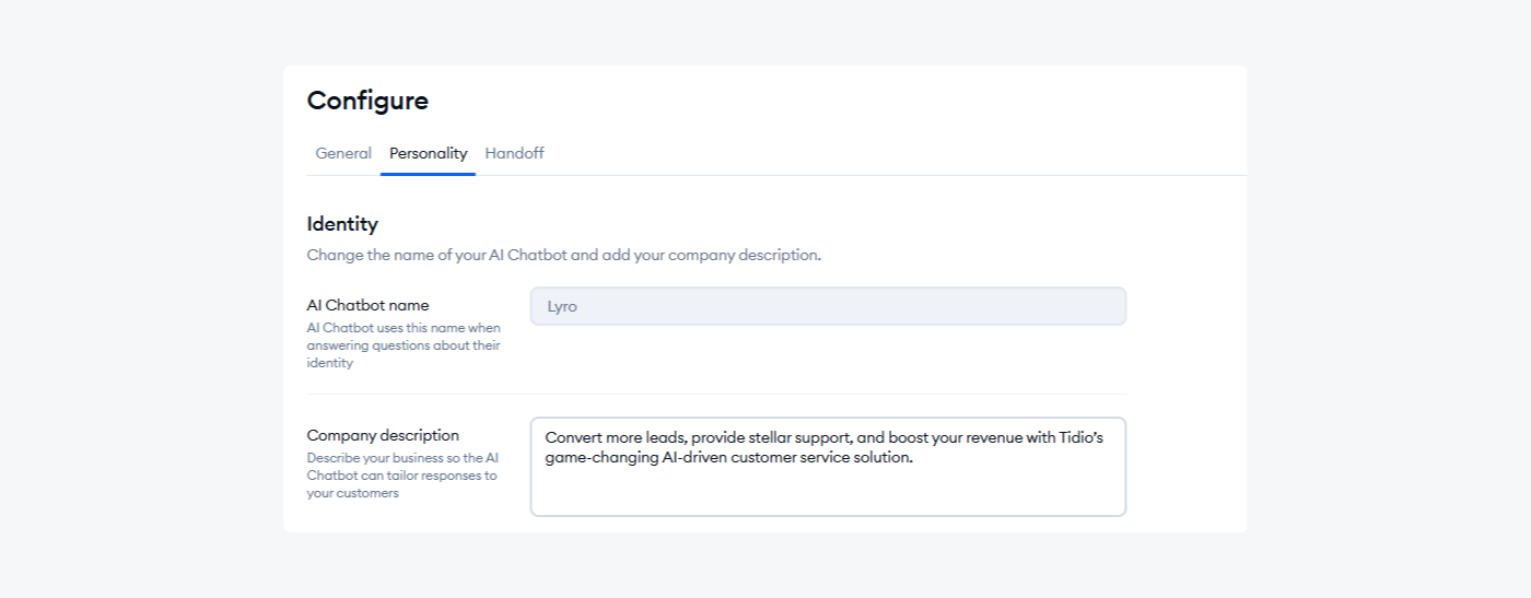 Lyro chatbot identity settings for adding a brand-aligned name, role, and description.