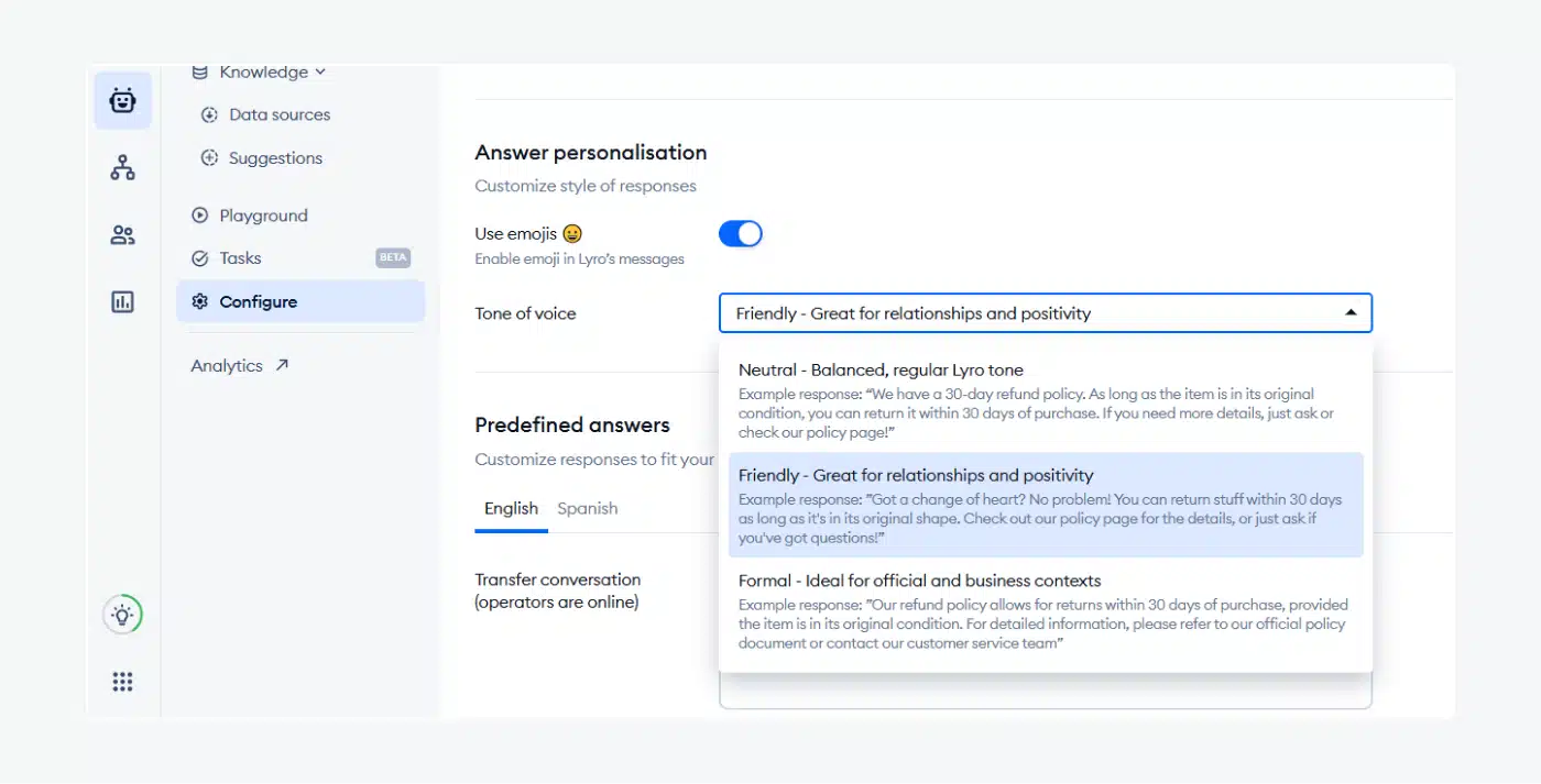 Lyro Personality settings showcasing tone of voice customization options.