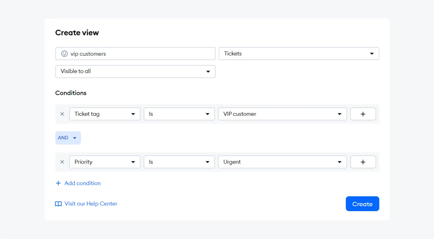 Tidio’s custom view conditions for segmenting tickets by customer type, enabling prioritized support for specific groups like “VIP Client”.