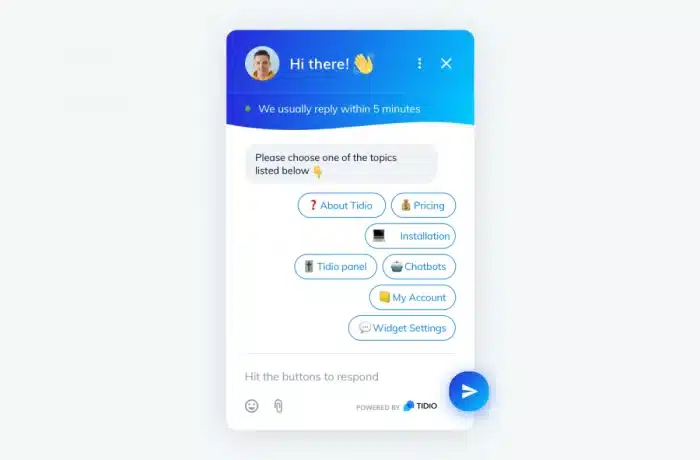 Example of Tidio’s FAQ chatbot offering clickable topics for users to quickly find answers.