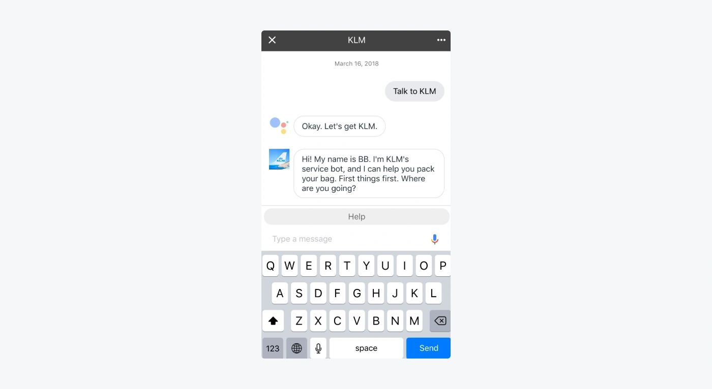 KLM BlueBot chatbot providing travel assistance.