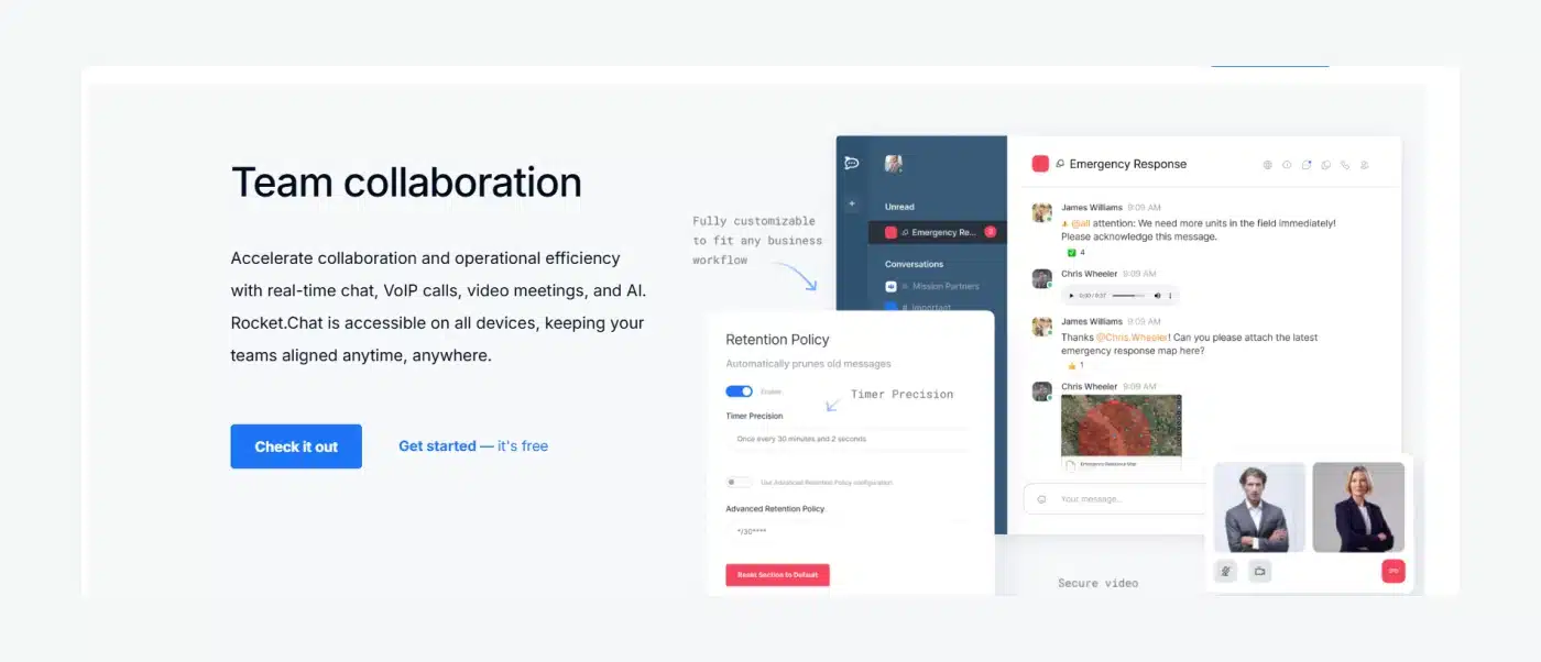 A snapshot of Rocket.Chat’s team collaboration features.