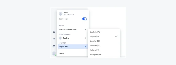 Tidio localization panel offering operators to change their language settings.