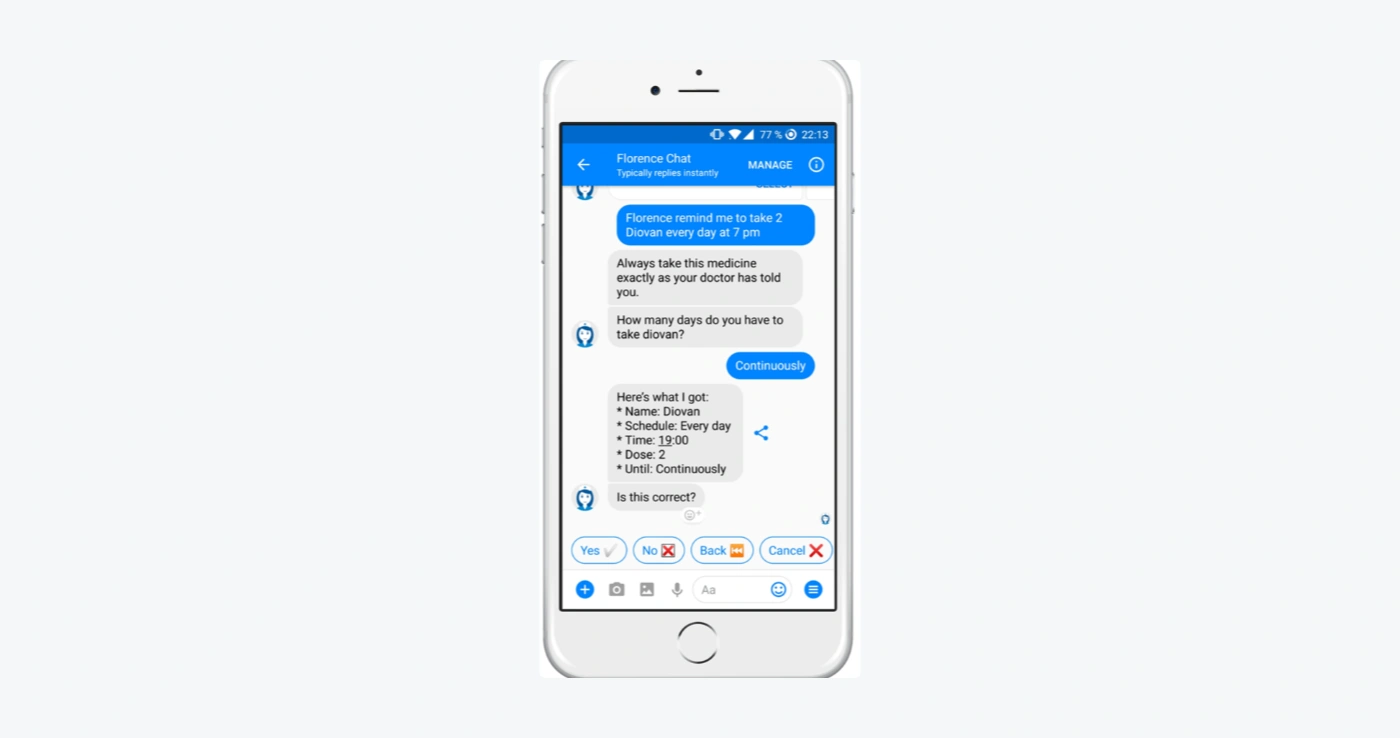 Florence healthcare chatbot setting medication reminders.