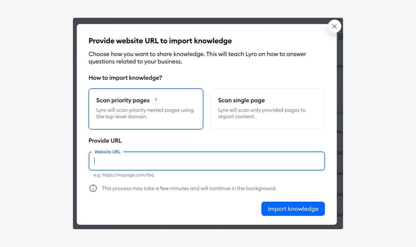 Lyro's feature for adding knowledge from a website URL, with options to scan entire sites or specific pages.